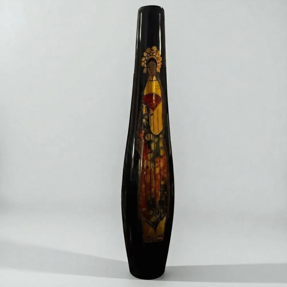 Vintage Japanese Gilded Gold Black Lacquer Tall Vase